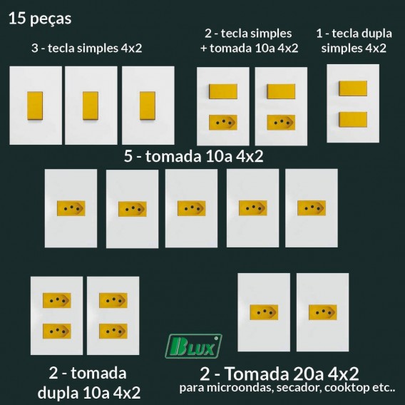 Tomadas Interruptores ( 15 Pçs ) Recta Branco com Amarelo Tomadas Interruptores ( 15 Pçs ) Recta Branco com Amarelo